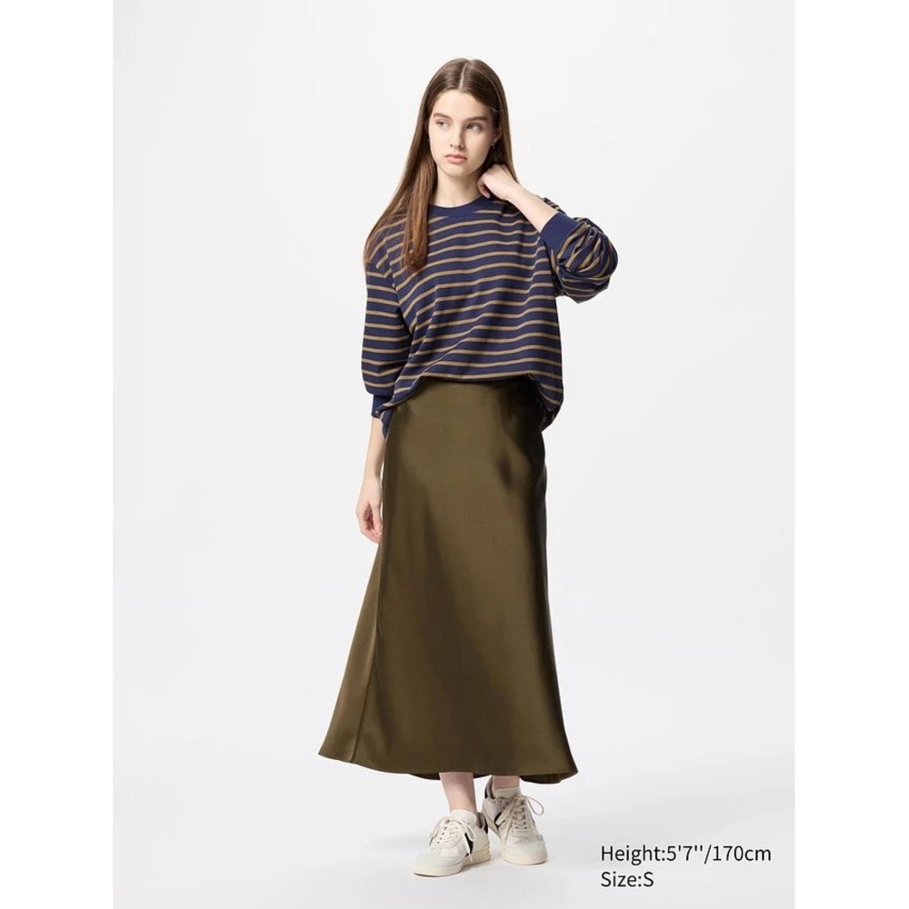 Uniqlo Women Olive Green Satin Midi Skirt Elastic Waist 222-478100 Size L